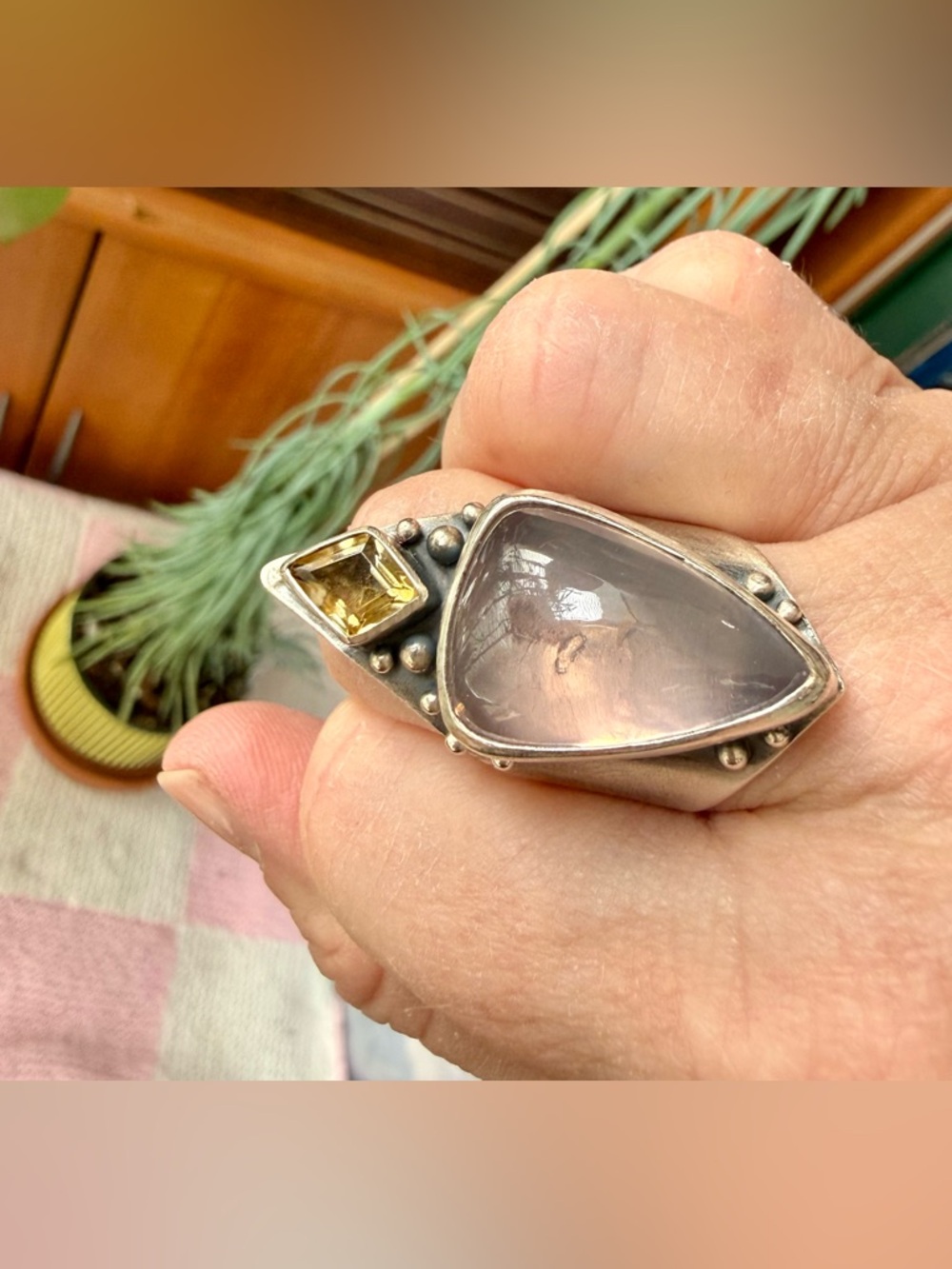 Acid Queen Warrior Shield Ring, Rose Quartz and Citrine, Size US 8 - Picture 7 of 9